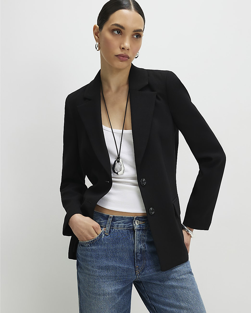 Black Long Sleeve Single Breasted Blazer | River Island UK & IE