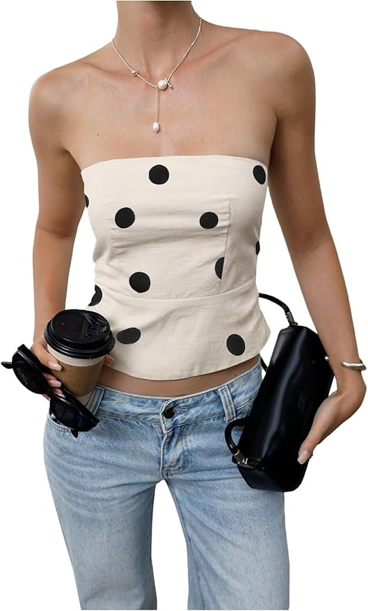 MakeMeChic Women's Summer Polka Dots Tube Tops Shirred Strapless Sleeveless Crop Bandeau Top | Amazon (US)