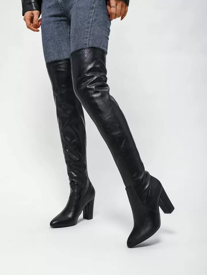 Point Toe Chunky Heeled Slouchy Boots, Black Elegant Solid Color Folded Boots | SHEIN