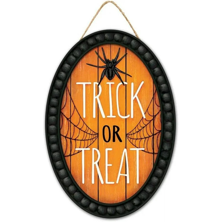 Trick or Treat Halloween Sign - 13" x 9", Wooden Door Decor, Orange, Black, Spiders, Webs, Fall, ... | Walmart (US)