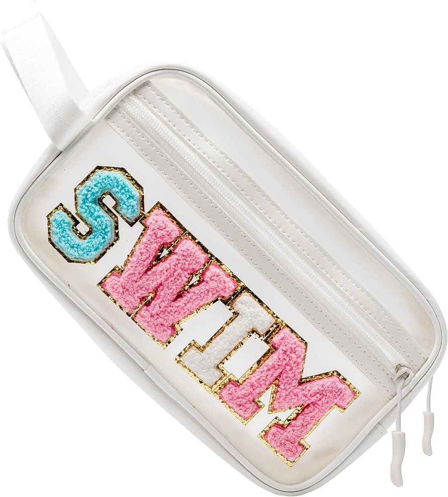 COSHAYSOO Clear SWIM Makeup Bag with Strap Preppy Chenille Letter Patch Cosmetic Zipper Pouch, Sm... | Amazon (US)