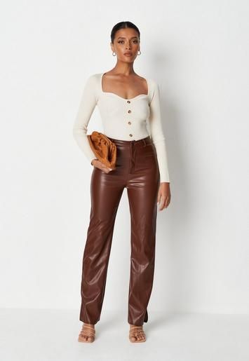 Missguided - Chocolate Faux Leather Split Hem Pants | Missguided (US & CA)