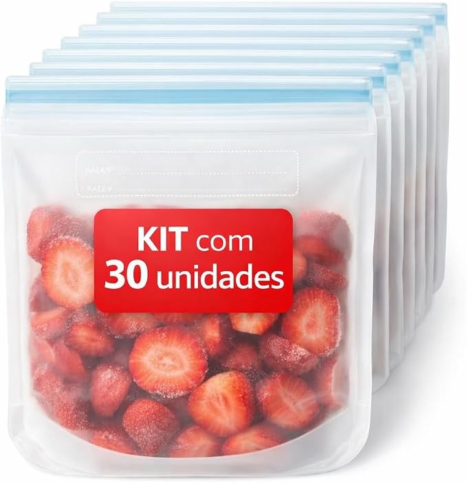 Kit 30 Sacos Herméticos Reutilizáveis Premium, 1,25L, 22x18cm, Fecho Duplo Reforçado com Área... | Amazon (BR)