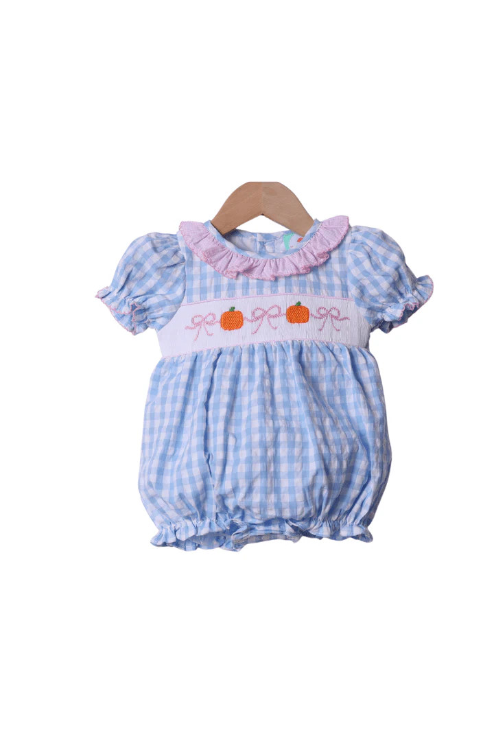 Smocked Blue Gingham Bow Pumpkin Bubble | The Smocked Flamingo