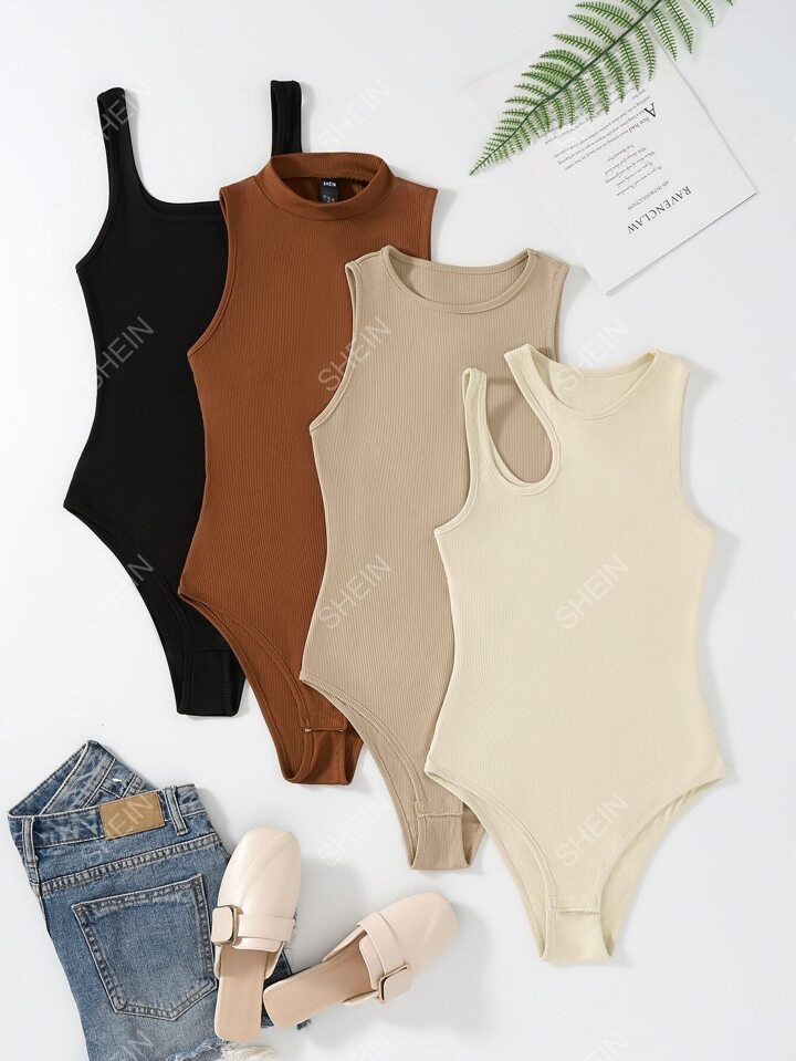 Plus 4pcs Solid Ribbed Knit Cut Out Bodysuit | SHEIN