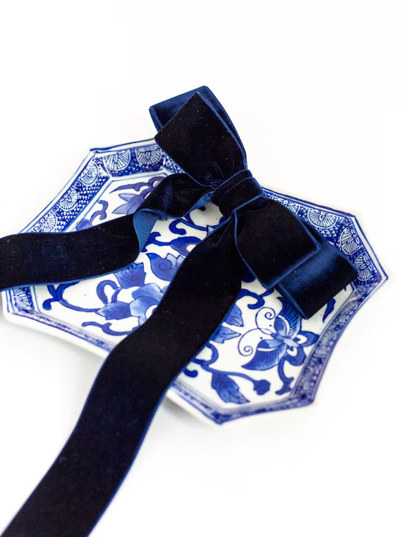 Velvet Hair Bow Long Tail French Barrette | Grace & Grandeur Judy Bow Navy Blue | Etsy (US)