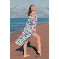 Cotton Patchwork Cardigan, White Boho Granny Square Crochet Long Kimono Jacket, Summer Cover Up, Jacket | Etsy (US)