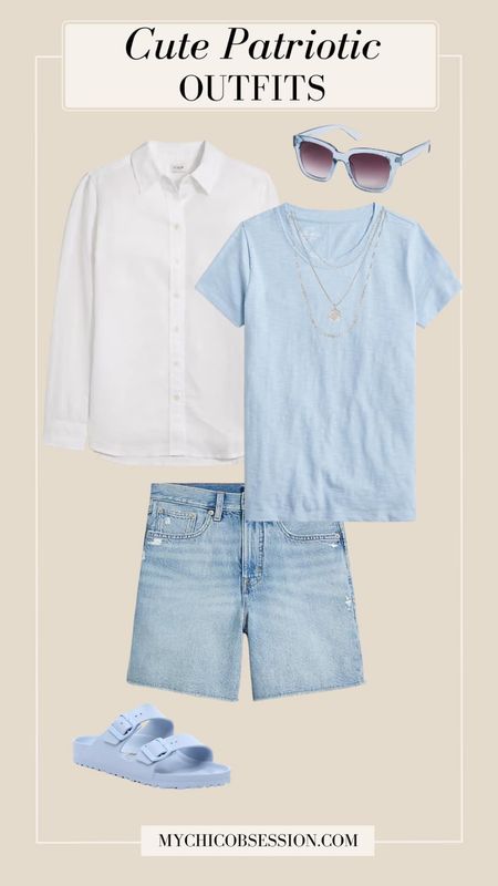 If casual is your name and light blue is your game, then give this look a try! For a look that seamlessly blends casual comfort with a touch of style, start with a classic blue tee – a festive option that offers ease and versatility.

Layer it under a lightweight linen button-down, left casually unbuttoned for an effortless, breezy vibe. Pair them with your favorite denim shorts for a patriotic and classic look. Blue slides and shades complete the look.

#LTKStyleTip #LTKSeasonal
