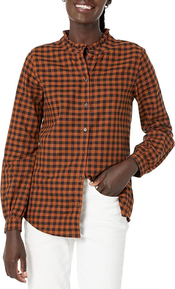 Amazon Essentials Women's Long Sleeve Ruffle Detail Flannel Shirt | Amazon (US)