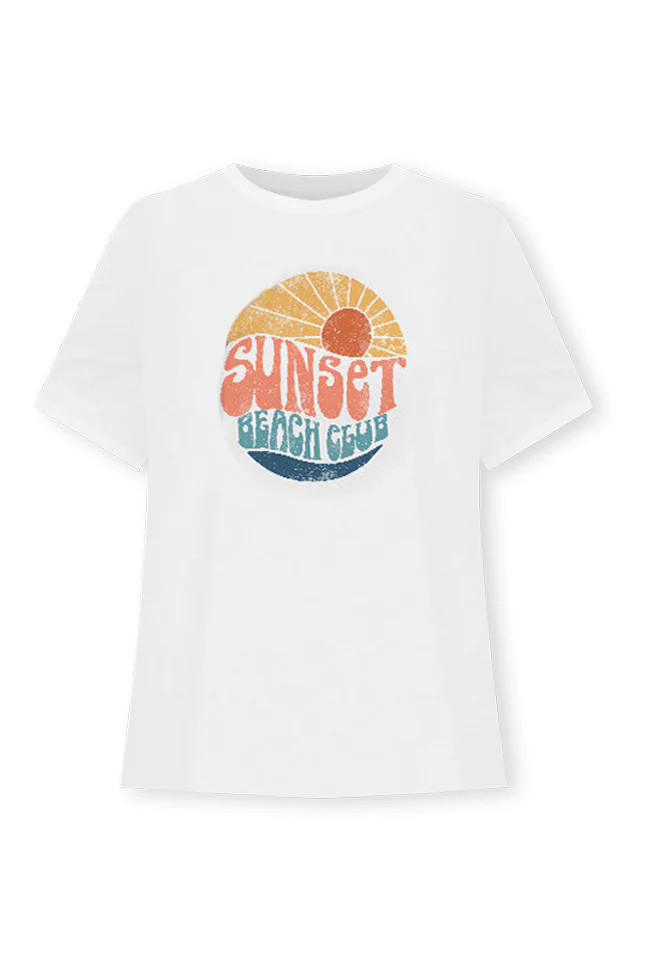 Sunset Beach Club White Oversized Graphic Tee | Pink Lily