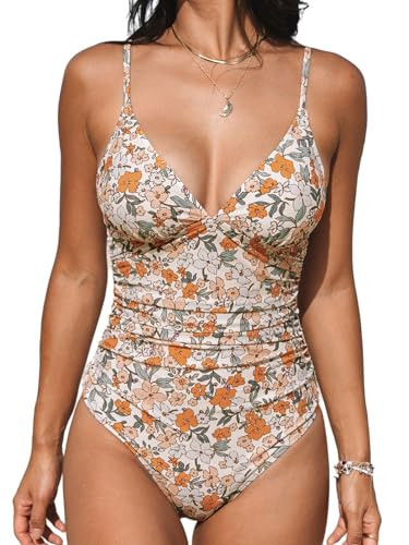 CUPSHE Women's One Piece Swimsuit Tummy Control V Neck Ruched Adjustable Straps, M Yellow Floral | Amazon (US)
