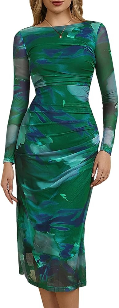 MakeMeChic Women's Elegant Tie Dye Mesh Ruched Long Sleeve Round Neck Bodycon Midi Long Dresses | Amazon (US)