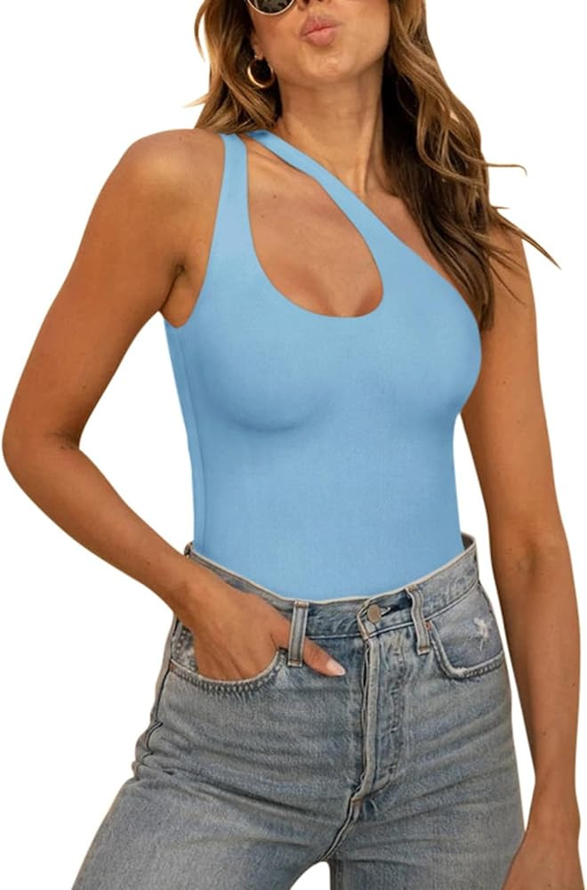 REORIA Women’s Sexy One Shoulder Cutout Front Backless Sleeveless Tank Top Bodysuits | Amazon (US)