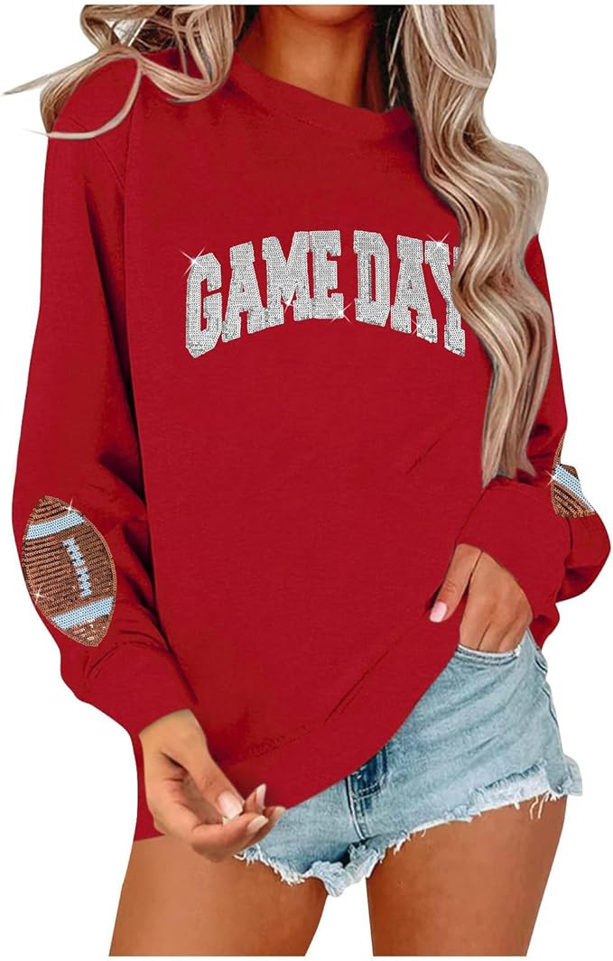 BEIDEFY Game Day Sweatshirt for Women Sequin Football Long Sleeve Shirt Crew Neck Sunday Funday P... | Amazon (US)