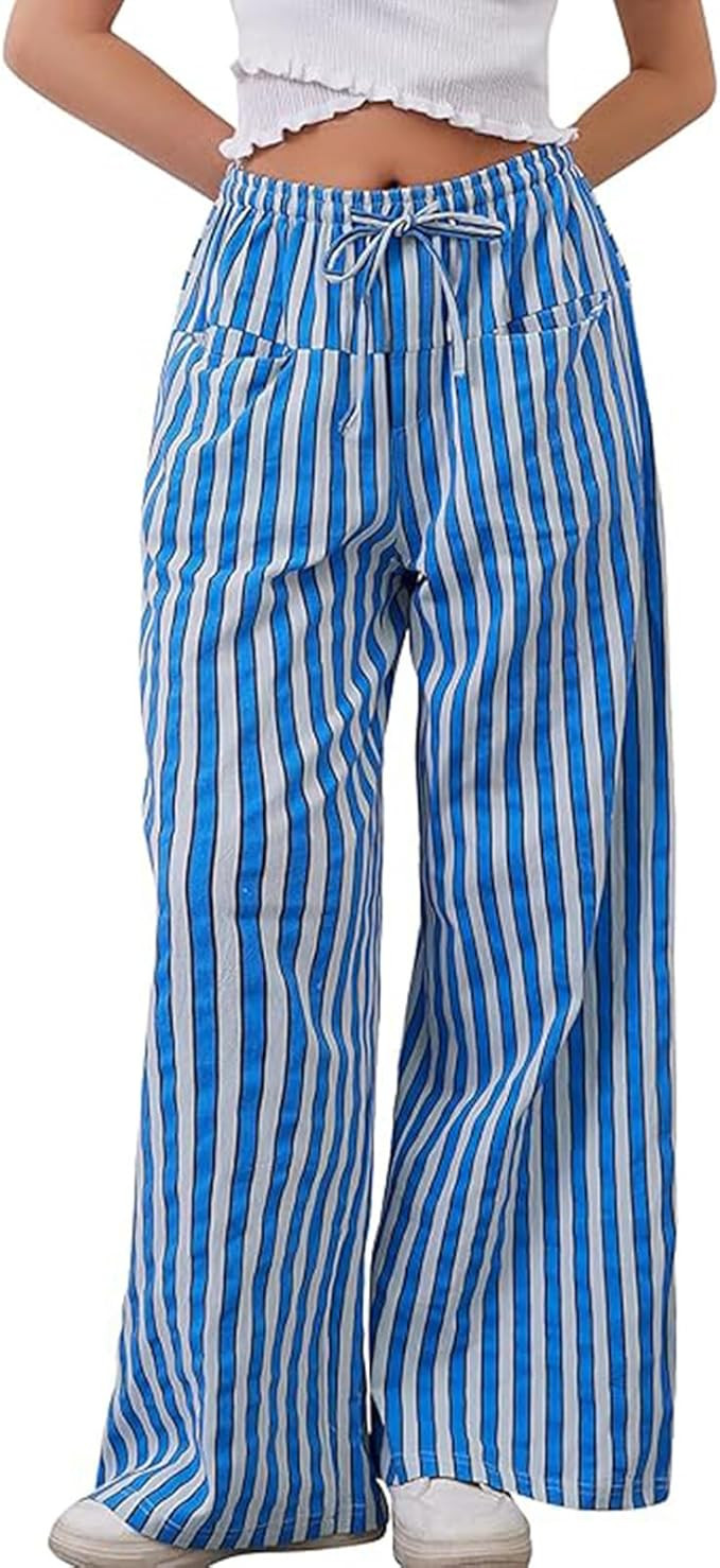 WOWULOVELY Women Casual Striped Drawstring Pants Wide Leg Pants with Pockets Elastic Trousers Loo... | Amazon (US)