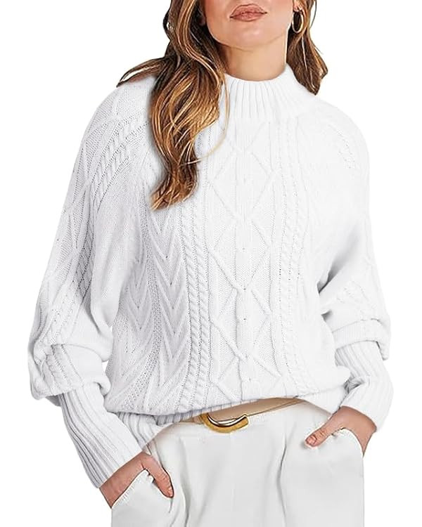Dokotoo Womens Winter Casual Long Sleeve Solid Color Cable Knit Balloon Sleeve Mock Neck Sweater | Amazon (US)