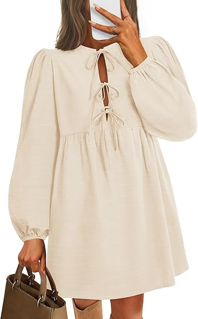 ZESICA Women's Dress Fall Long Puff Sleeve Self Tie Front Babydoll A Line Pleated Cute Mini Tunic... | Amazon (US)