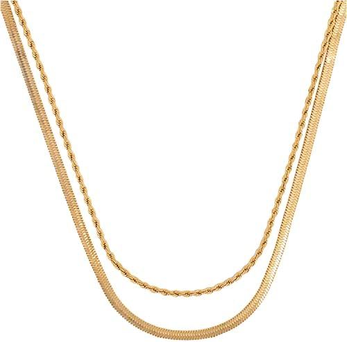 Hey Harper Easygoing Set Nassau Necklace 14k Gold Plated Waterproof Herringbone Necklace for Wome... | Amazon (US)