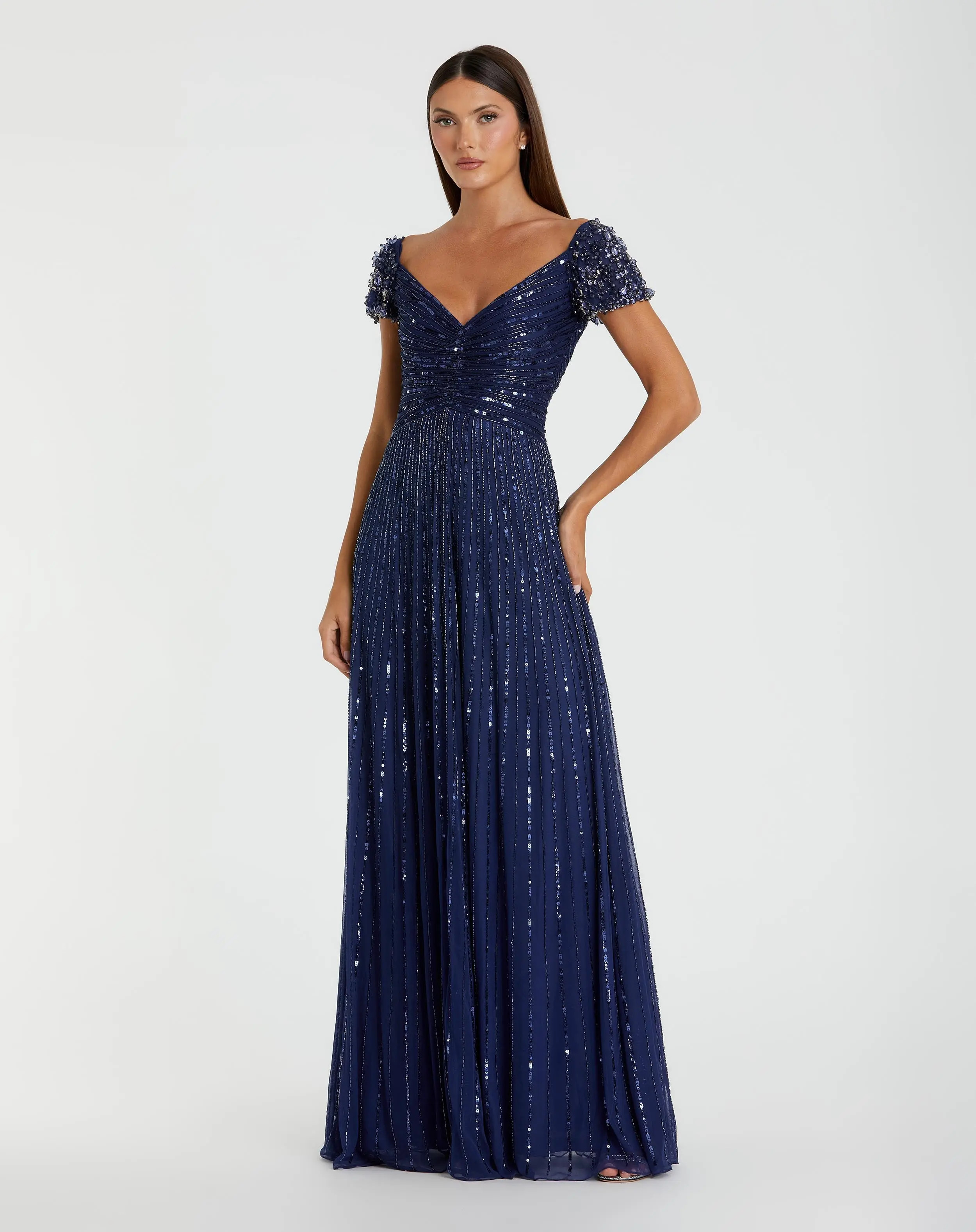 Navy Sequined Evening Gown With Embellished Shoulders | Mac Duggal | Mac Duggal