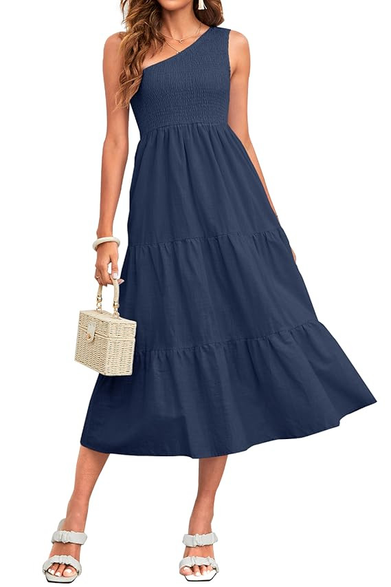 ANRABESS Women's Summer Sleeveless Smocked One Shoulder Cutout Sundress Flowy A-Line Beach Long Maxi | Amazon (US)