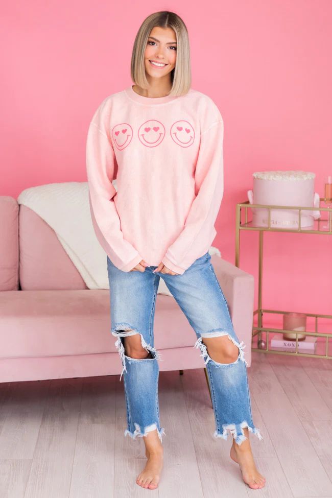 Heart Eyes Smiley Pink Corded Graphic Sweatshirt | Pink Lily