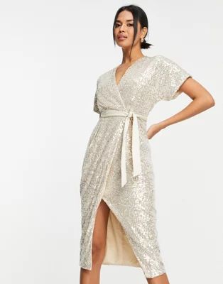 Closet London kimono sequin wrap dress in champagne | ASOS (Global)