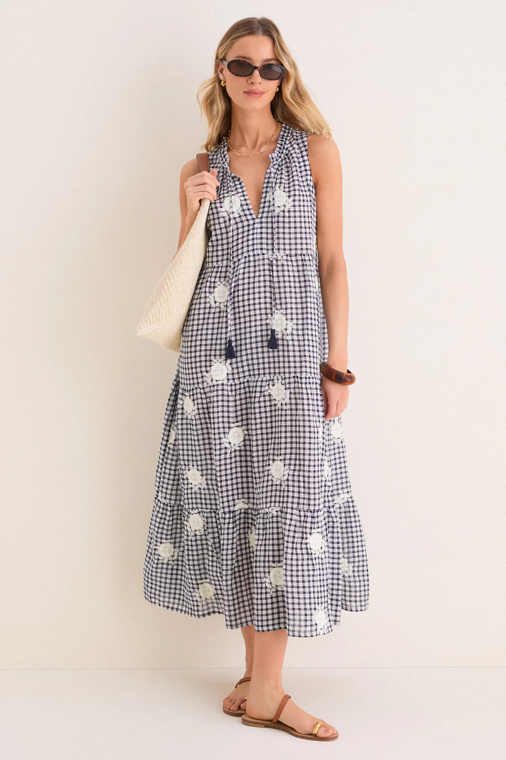 Sapphire Gingham Embroidered Sleeveless Salty Paloma Caftan | Tuckernuck (US)