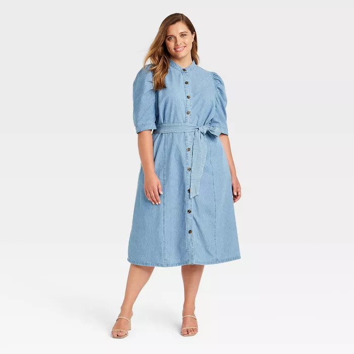Women's Plus Size Puff Elbow Sleeve Shirtdress - Who What Wear™ Blue 4X | Target