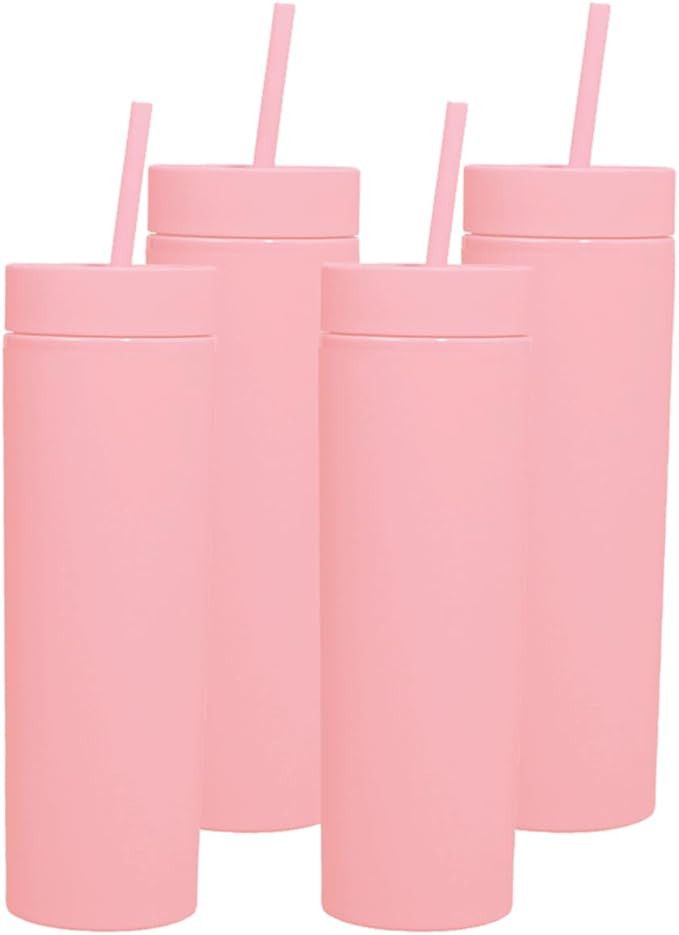 Skinny Tumblers with Lids and Straws Bulk.Matte Pink Slim Tumbler Cups with Straws.16 oz Plastic ... | Amazon (US)