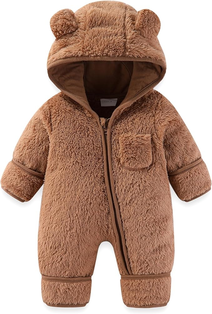 Newborn Baby Bear Outfit With Fold-Over Mittens and Footies Girls Boys Winter Fleece Clothes Hood... | Amazon (US)