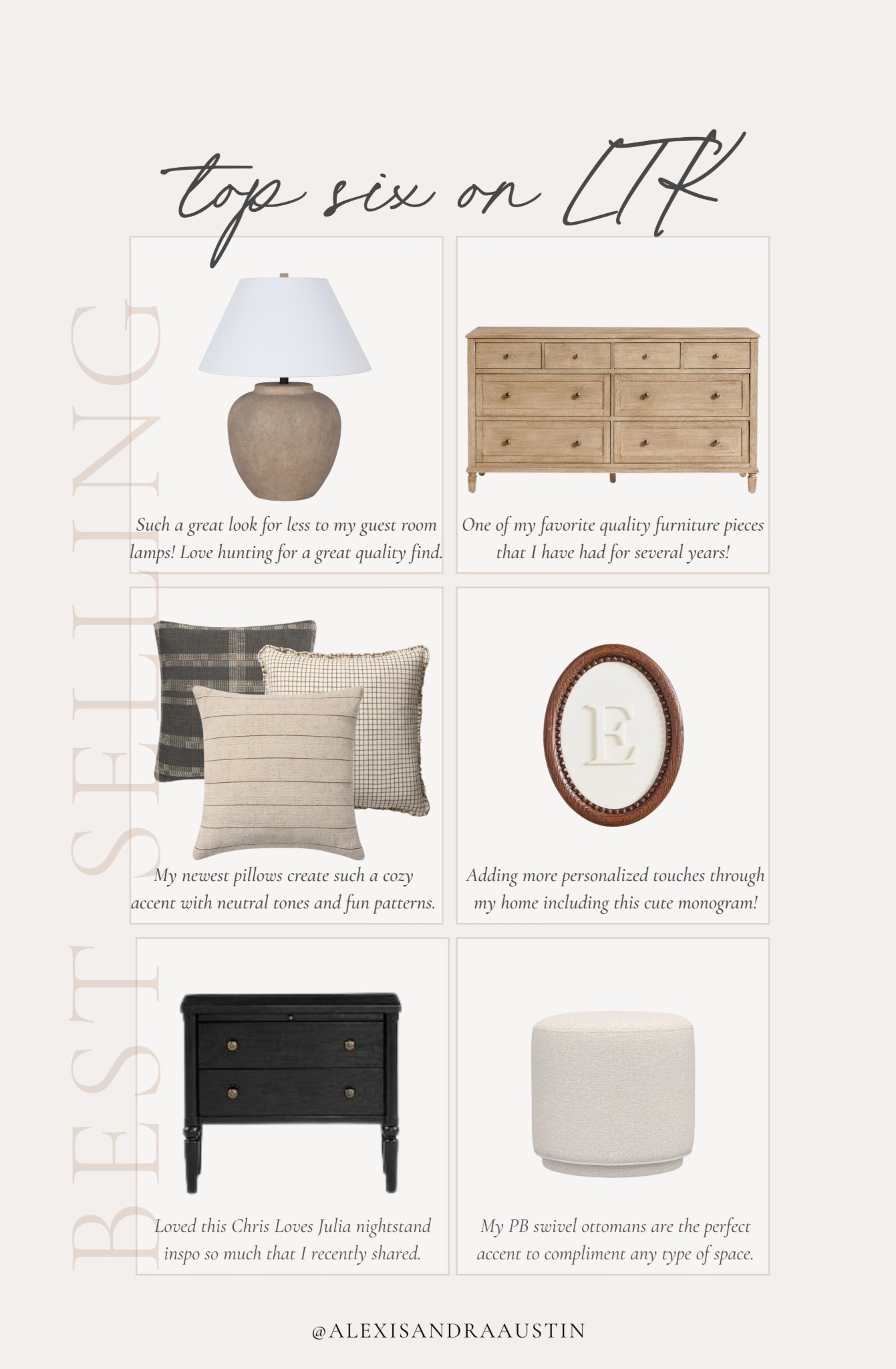 This week’s top six on LTK! From my newest throw pillows to quality furniture, staples, find some of my most loved home items leaning into quality over quantity.

Home finds, neutral home inspo,  furniture favorites, neutral wood tones, best, sellers, table, lamp, nightstand, details, collected style, cozy throw pillow, nightstand details, monogram art, ottoman favorites, Pottery Barn style, Wayfair, Anthropologie, Loloi, Amber Lewis, shop the look!

#LTKHome #LTKSeasonal