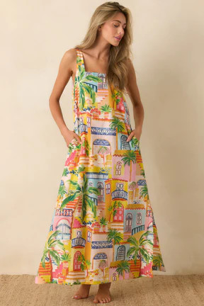 Paradisa Grenada Multi Coastal Village Print Cotton Maxi Dress | Red Dress