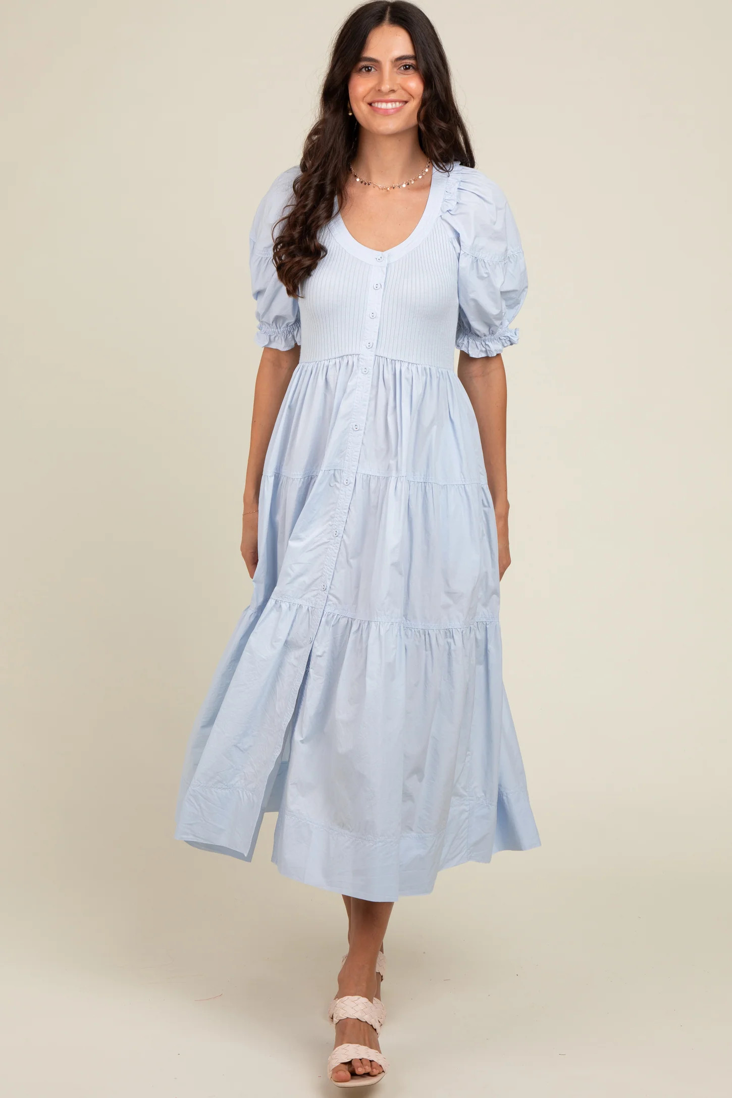 Light Blue Contrast Top Tiered Midi Dress | PinkBlush Maternity