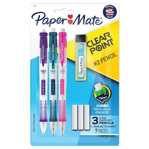 Paper Mate Clear Point 3pk #2 Mechanical Pencils with Eraser & Refill 0.7mm Assorted Colors | Target