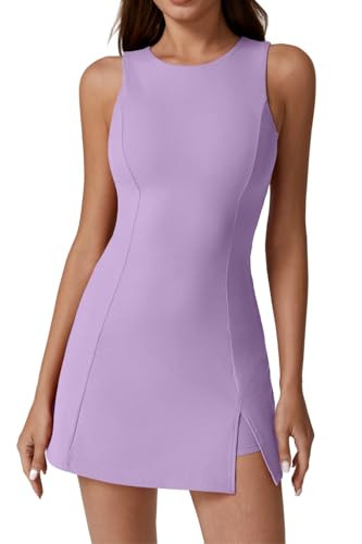 QINSEN Womens Crew Neck Tennis Dress Sleeveless Side Slit Golf Athletic Dress Build in Shorts wit... | Amazon (US)