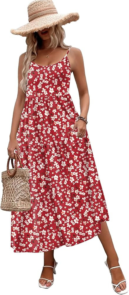Zeagoo Womens Summer Long Dress Adjustable Spaghetti Strap Floral Casual Dress with Pockets Flowy... | Amazon (US)