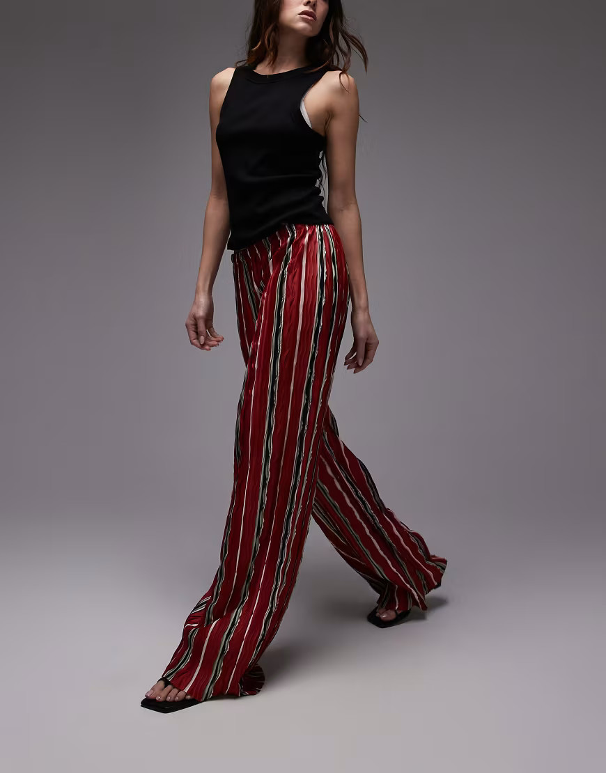 Topshop stripe plisse wide leg trouser in red | ASOS (Global)