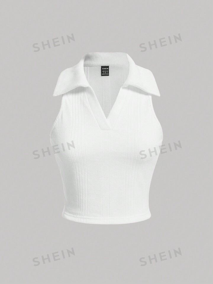 SHEIN MOD Solid Ribbed Knit Polo Collar White Tank Top | SHEIN