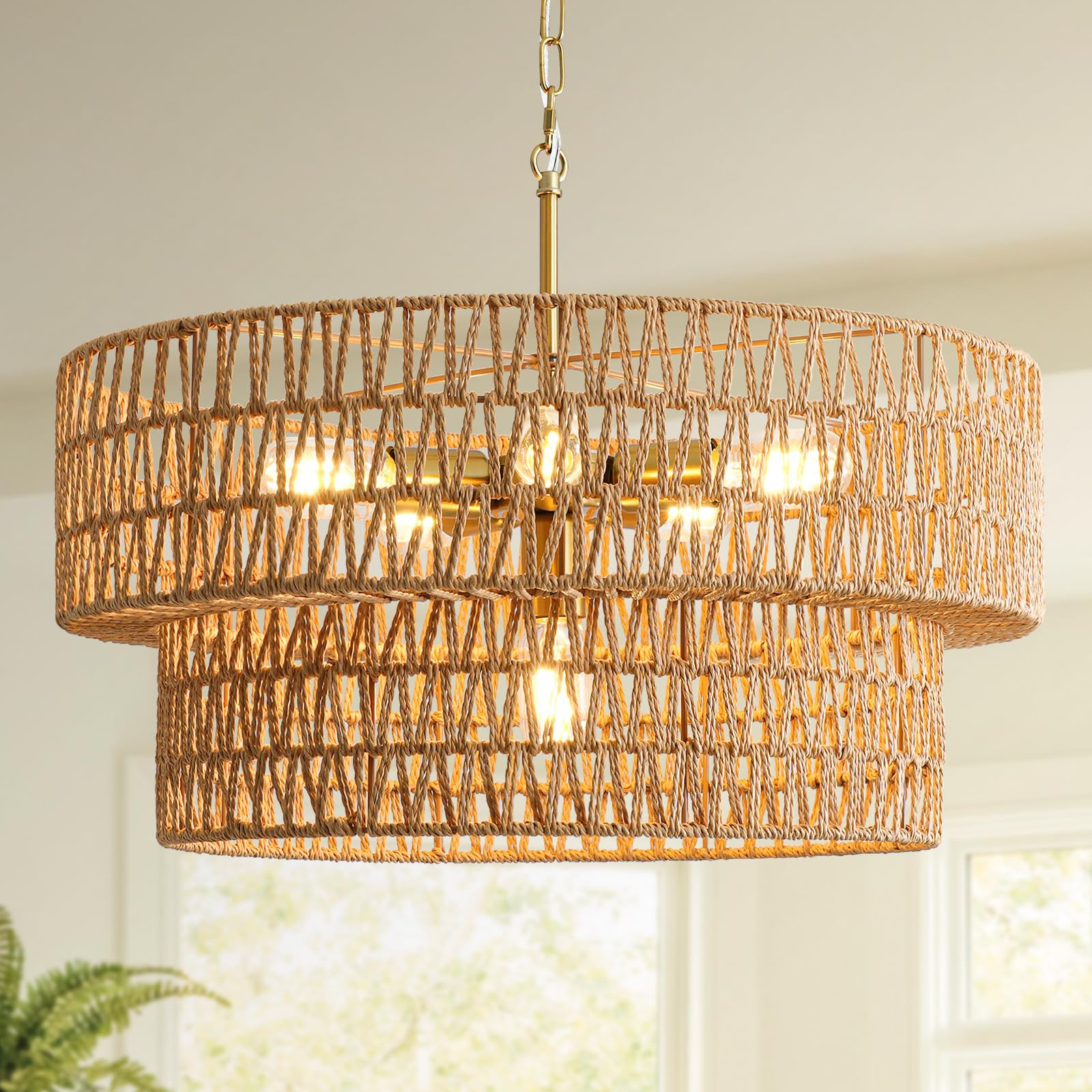 23.6" Boho Rattan Chandelier, 6-Light Large Rattan Pendant Light with 2-Tier Wicker Shade, Bohemi... | Amazon (US)