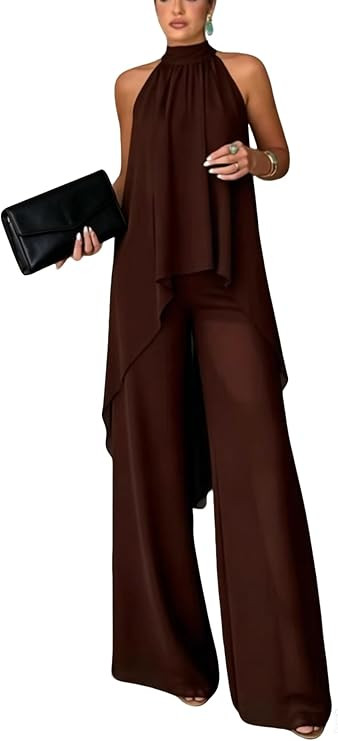 2 Piece Sets for Women Halter Sleeveless Tops with Wide Legs Pants Casual Going Out Outfits | Amazon (US)