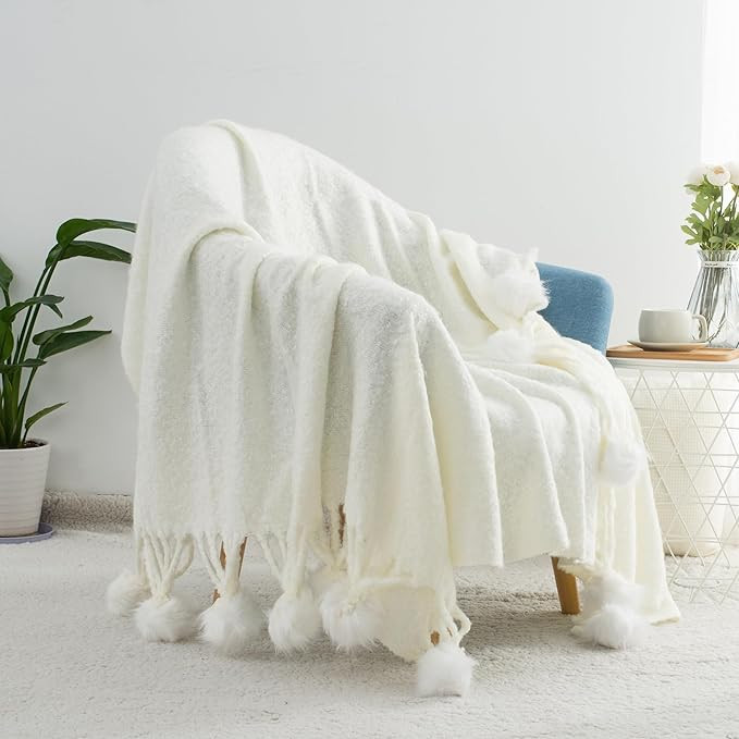 Pom Pom White Knitted Throw Blanket for Couch, 50"X60" Soft Lightweight Farmhouse Decorative Blan... | Amazon (US)