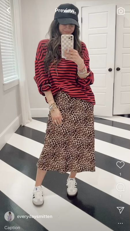 -leopard silk skirt, small (true to size) MICHELLE15 for 15% off 
-mother and motherhood tee; wearing xxl and chopped off bottom (Michelle15 for 15% off)
-red striped fp style top, size up for oversized look
-sambas, run big (size down half size) 
-gazelles, run big (size down half size)

#LTKFindsUnder100 #LTKFindsUnder50 #LTKStyleTip