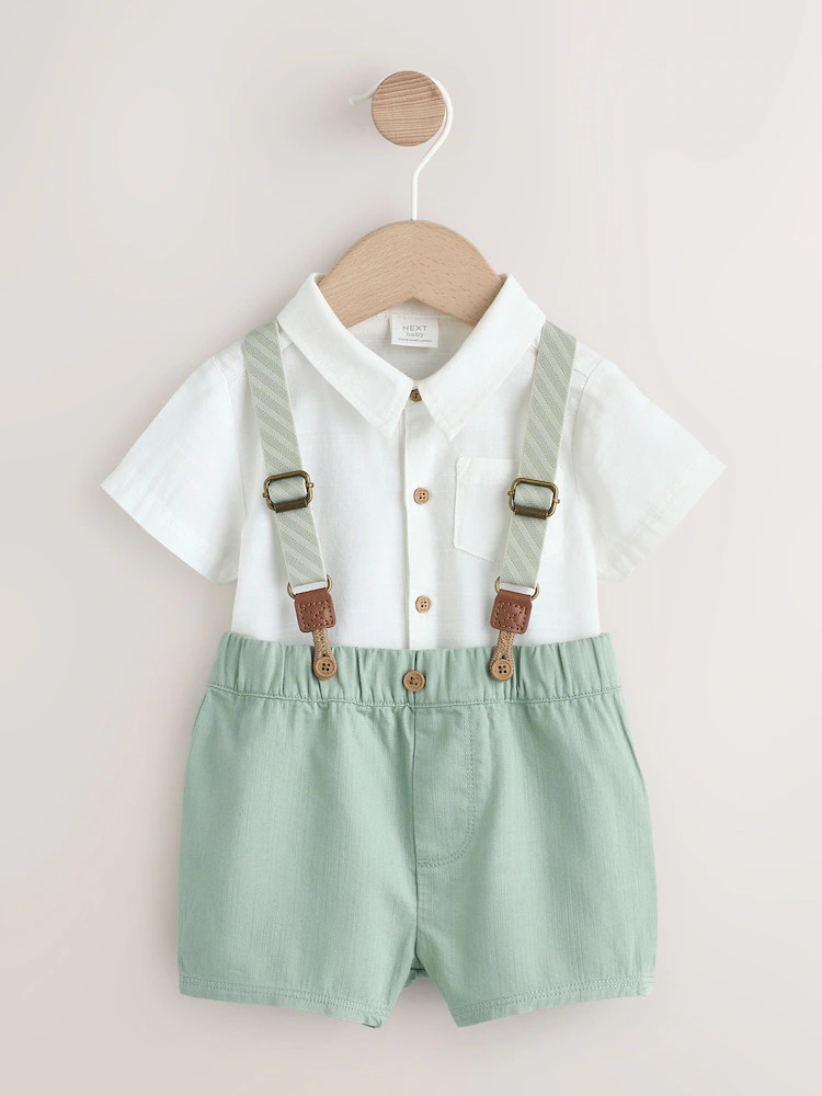 Sage Green Shirt Body Shorts and Braces Baby Set 3 Piece (0mths-2yrs) | Next US
