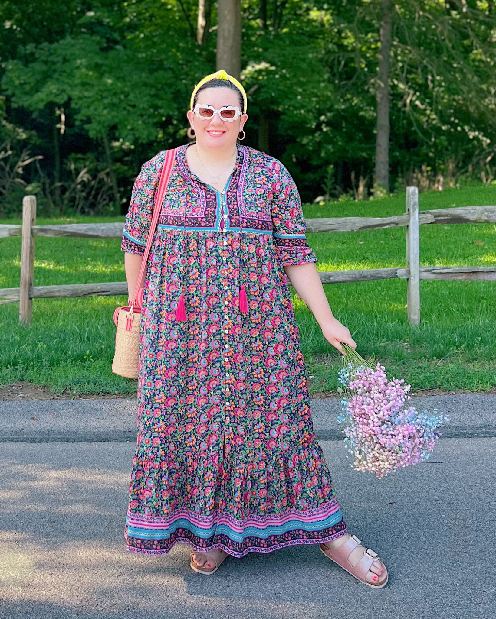 Boho maxi dress under $100, raffia bag on sale for $25, Loewe dupe sunglasses only $14 🌸 bohemian dress, boho style, pink Birkenstocks, summer dress, maxi dress with sleeves, flower sunglasses, yellow knotted headband, straw handbag 

#LTKmidsize #LTKFind #LTKunder100