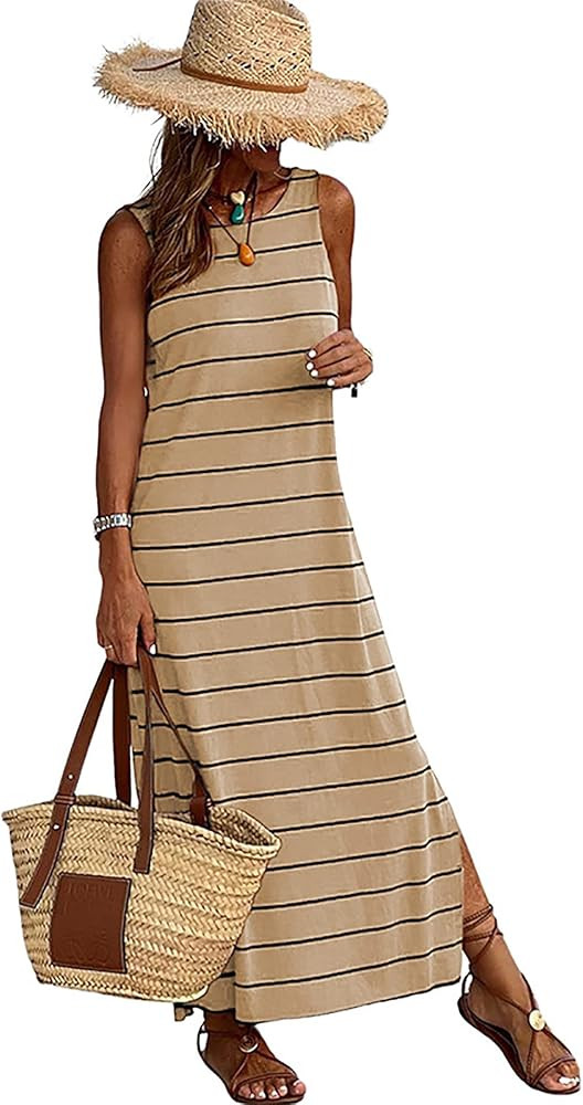 Women's Sundress Summer Striped Dress Tan Dress Beige Dress Nude Dress Light Brown Dress Amazon | Amazon (US)