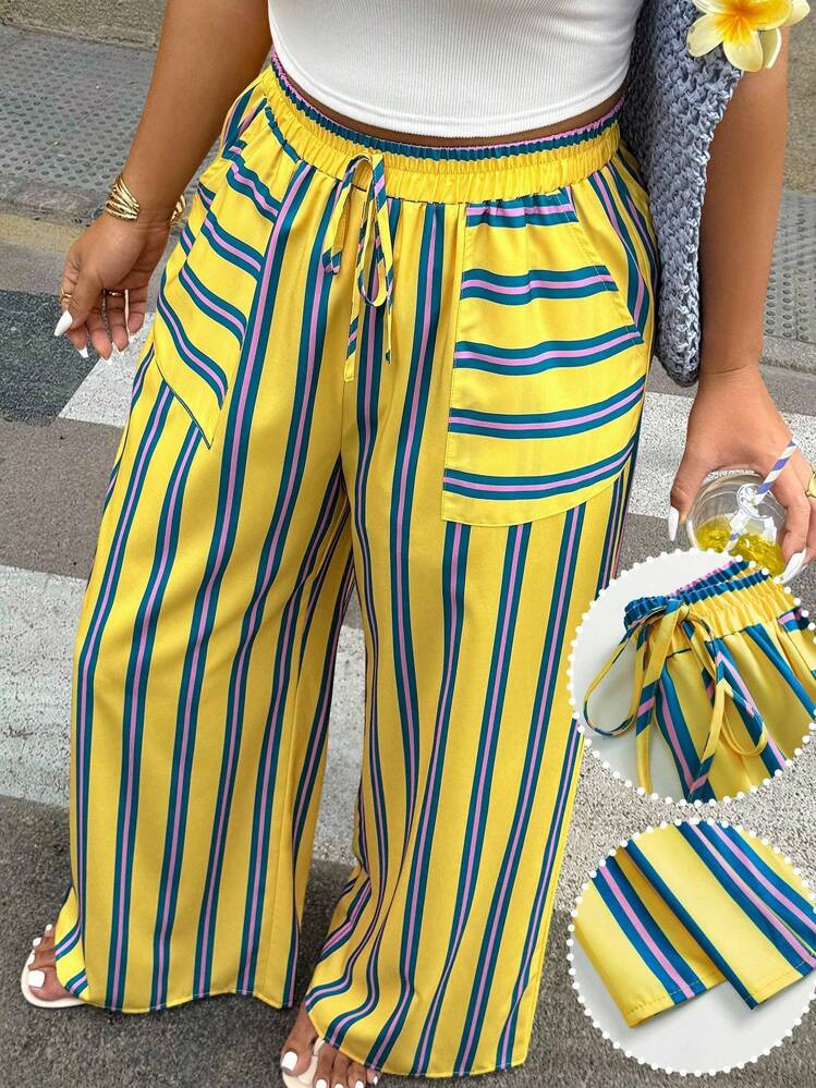 Flirla Women Plus Size Striped Print Pants, Random Print Fall Cloth For Women | SHEIN