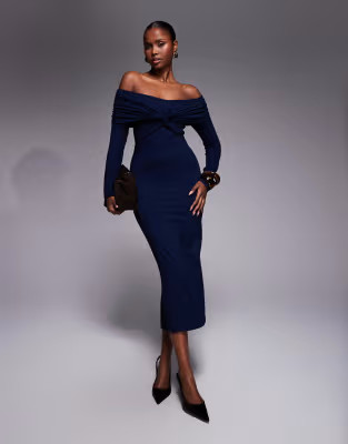 ASOS DESIGN off shoulder twist midi dress with long sleeves in navy | ASOS (Global)