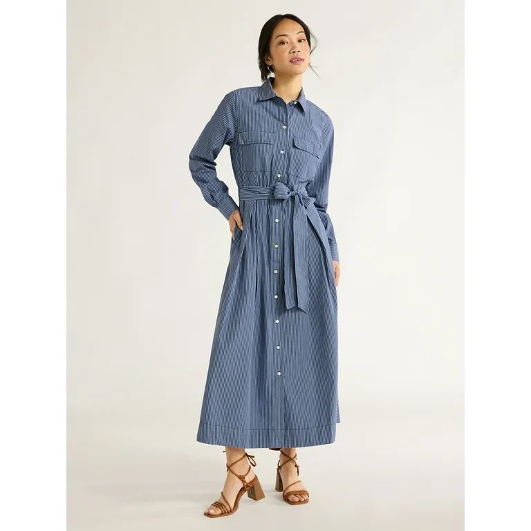 Free Assembly Women’s Cotton Maxi Shirtdress with Long Sleeves, Sizes XS-XXL | Walmart (US)