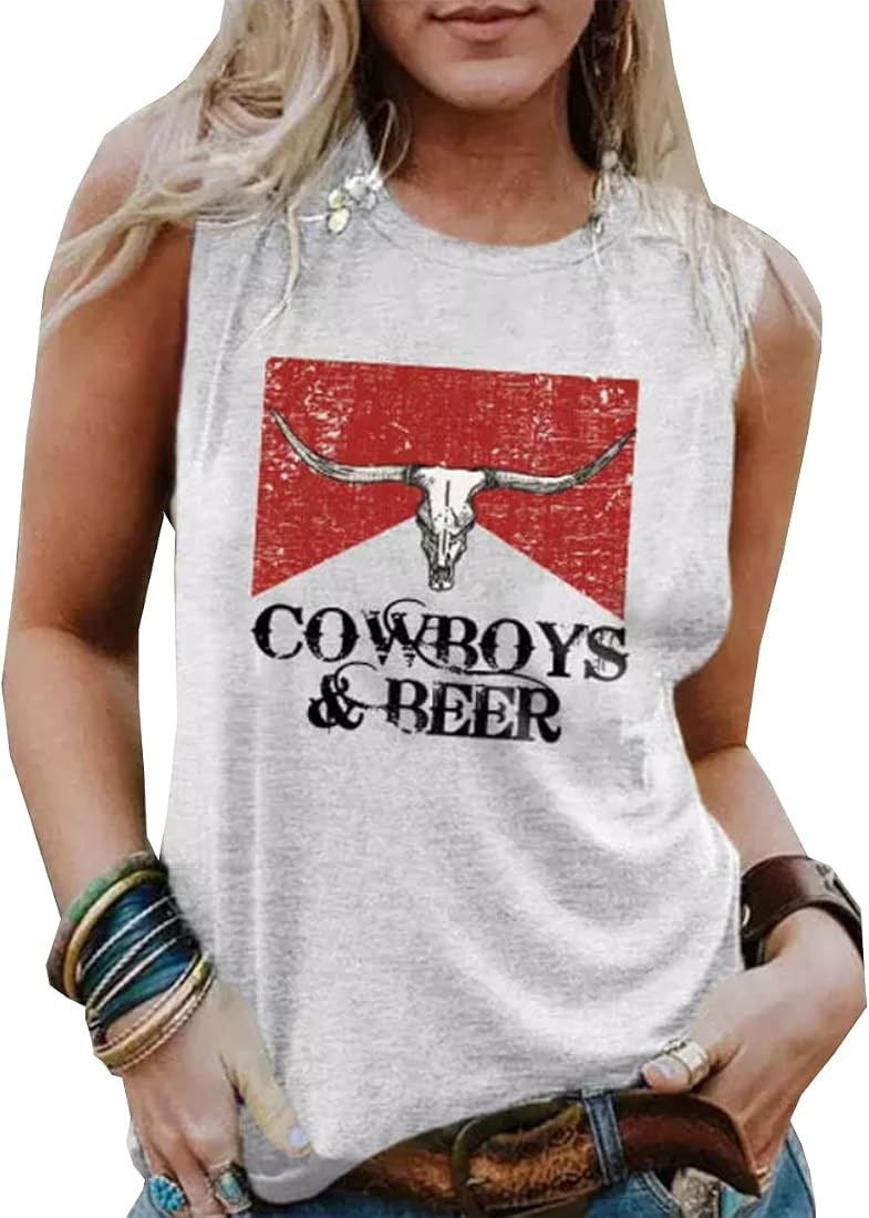 Cowboys & Beer Steer Skull Tank Tops Women Western Vintage Country Music Tanks Summer Vacation Sl... | Amazon (US)