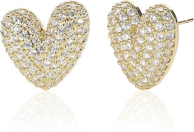 Heart Earrings for Women Silver Heart Stud Earrings 14K Gold Plated Sterling Silver Post Bling Je... | Amazon (US)
